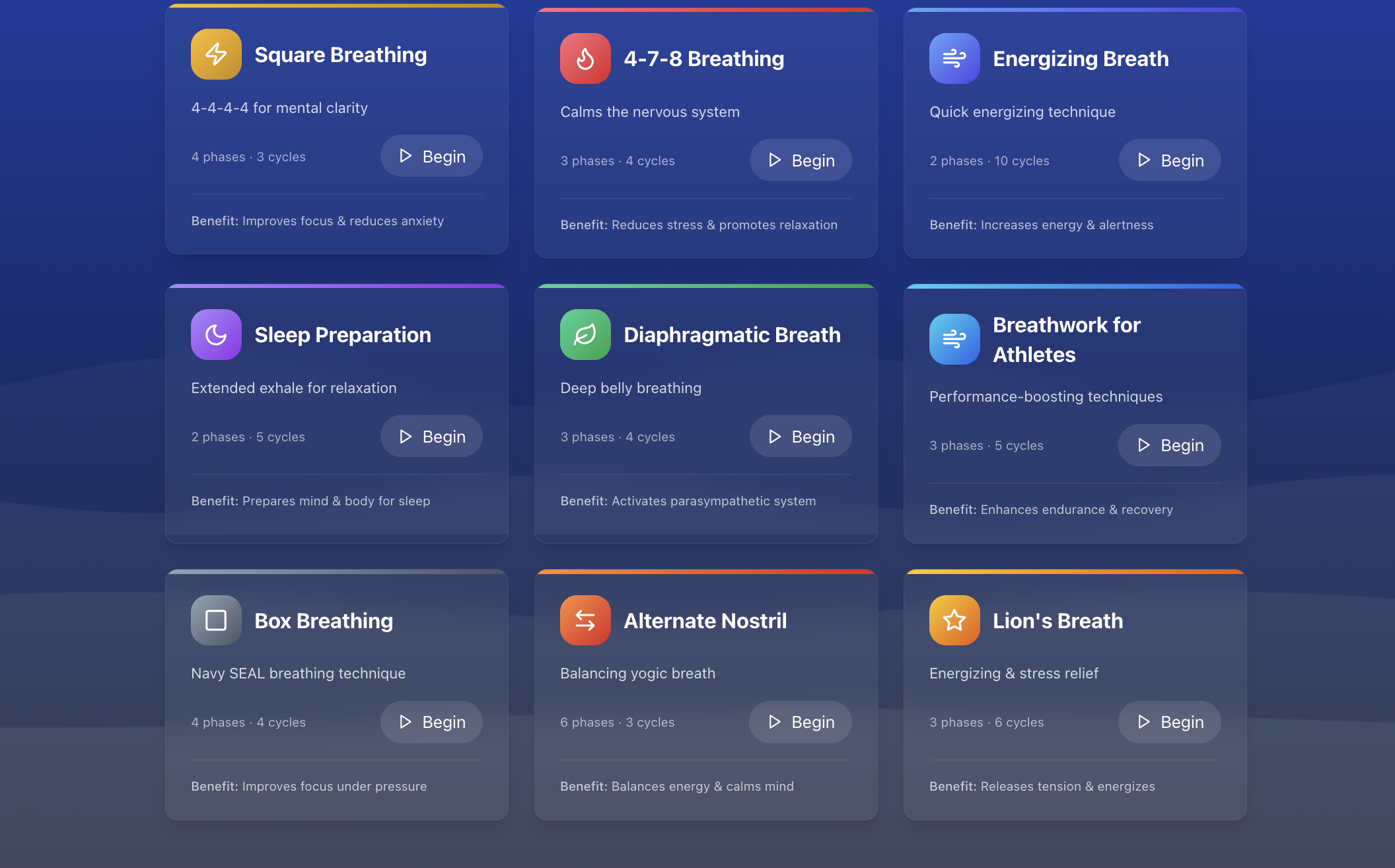 Screenshot of the Breathwork App showing various breathing techniques including Square Breathing, 4-7-8 Breathing, and more